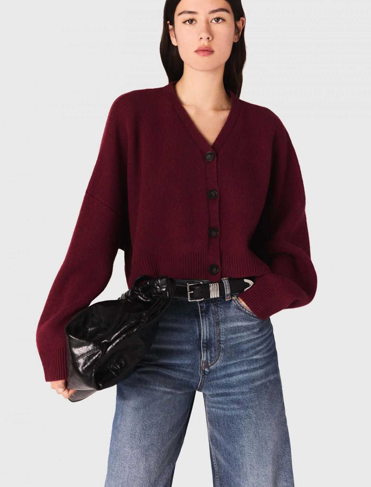 마쥬 버건디 크롭 브이넥 울믹스 테크니컬 카디건 3661601967863 BORDEAUX - 상세 이미지 5