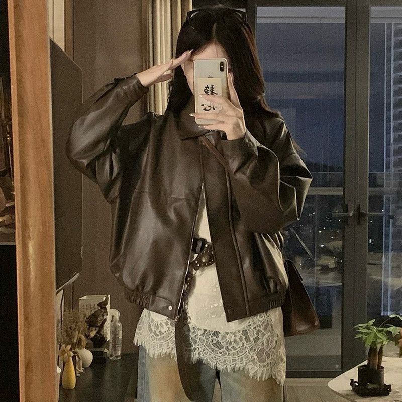 여성 빅사이즈 카라넥 레더 오버핏 루즈핏 가죽 점퍼 블루종 간절기 아우터 코디 봄 가을 - 상세 이미지 5