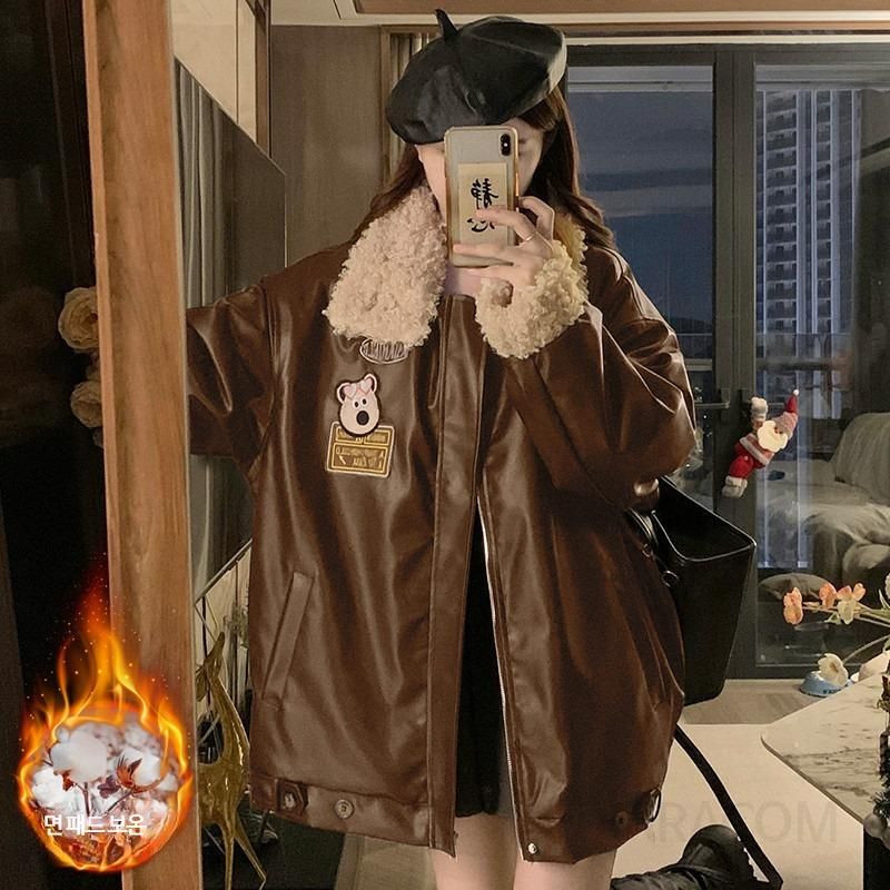 여성 빅사이즈 루즈핏 오버핏 겨울 따뜻한 양털 카라 인조가죽 패딩 숏 점퍼 항공점퍼 캐주얼 아우터 - 상세 이미지 4