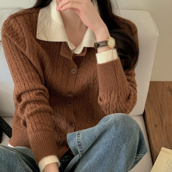 카라 배색 레이어드 케이블 가디건 cd3514 제품 이미지