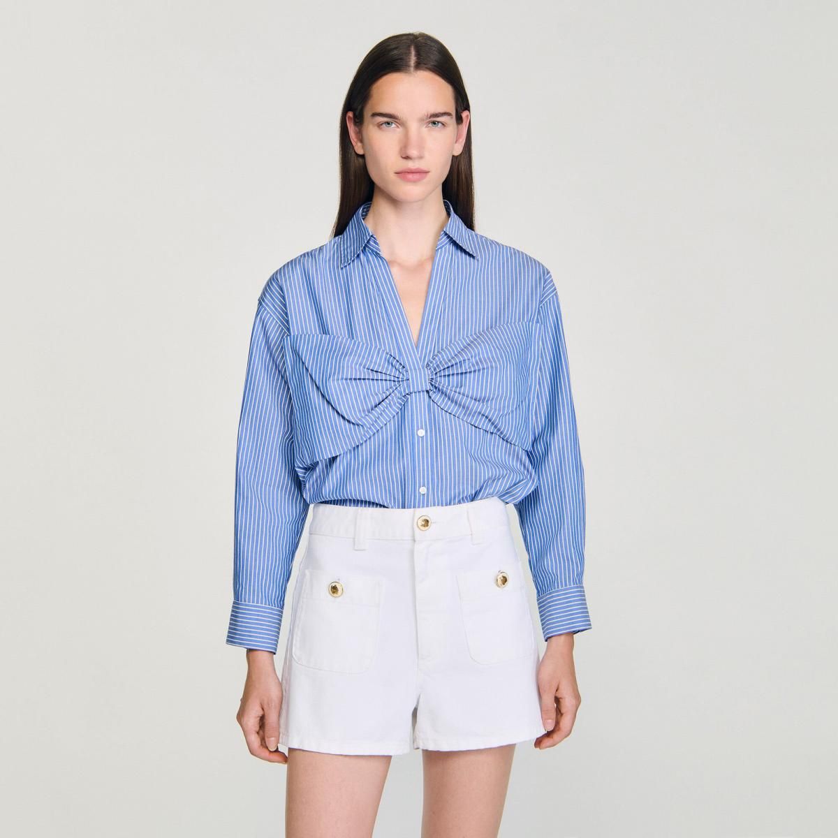 산드로 스트라이프 오버사이즈 리본 셔츠 블라우스 SFPCM01457_D251 BLAU / WEISS - 상세 이미지 5