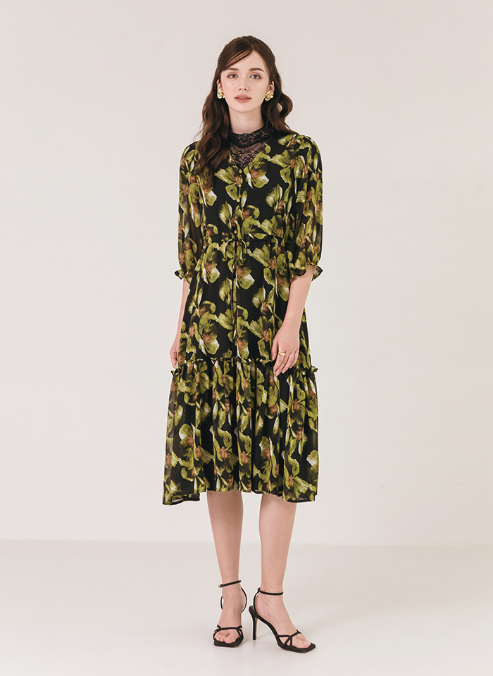 그린 리프 플로럴 브이넥 롱 원피스 - 상세 이미지 5