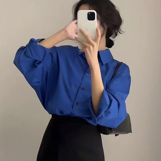 블루 셔츠 루즈핏 여성 남방 살안타템 시스루 블라우스 여름 시원한 썸머 지지미 펀칭 여자 - 상품 이미지