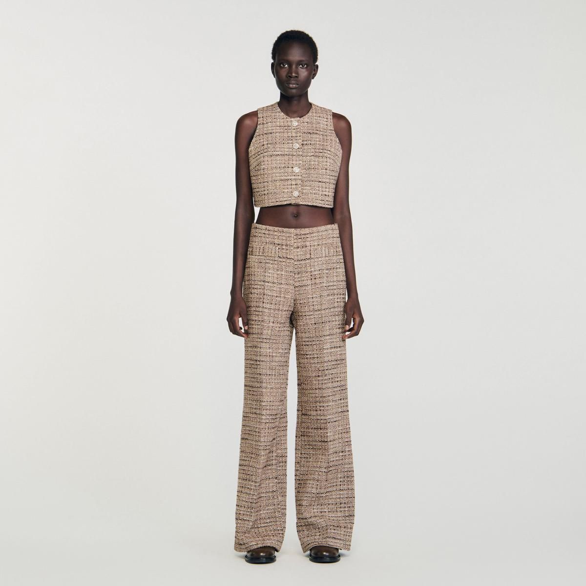 산드로 하이웨이스트 트위드 와이드 팬츠 SFPPA01871_G023 BRAUN - 상세 이미지 3