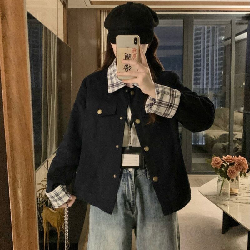 여성 빅사이즈 카라 더블 버튼 자켓 점퍼 숏자켓 오버핏 캐주얼 간절기 아우터 봄 가을 - 상세 이미지 4