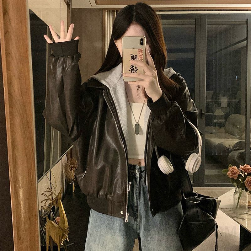 여성 페이크 후드 레이어드 오버핏 PU 가죽 자켓 점퍼 빅사이즈 루즈핏 데일리 캐주얼 간절기 봄 가을 아우터 - 상세 이미지 4