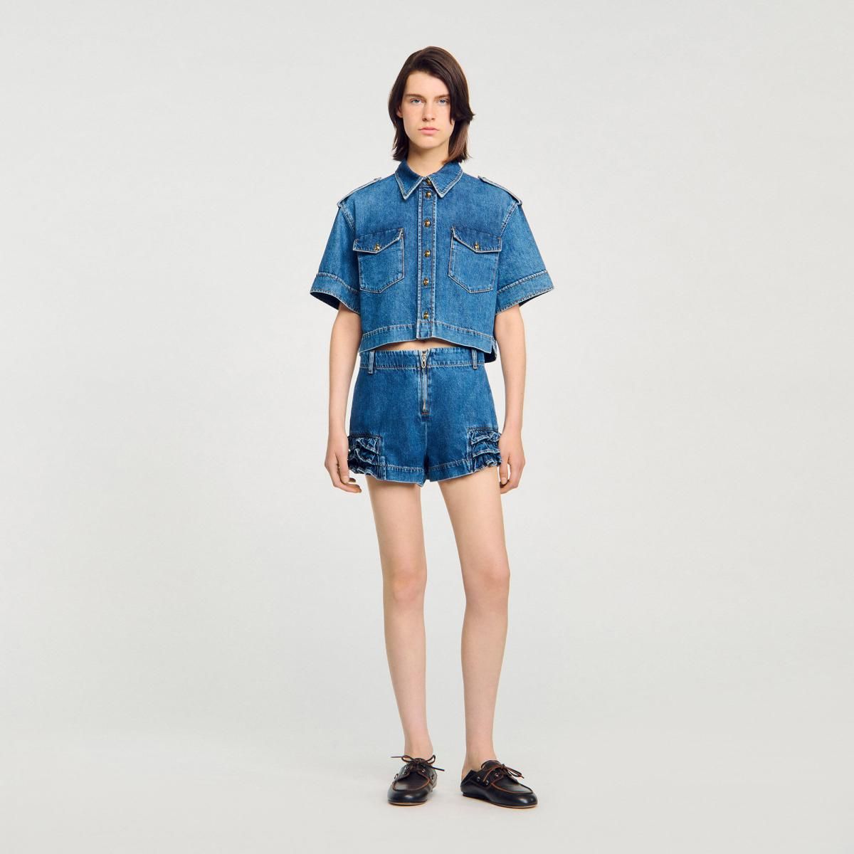 산드로 러플 데님 반바지 미디웨이스트 SFPSH00537_4785 JEANSBLAU - 상세 이미지 3