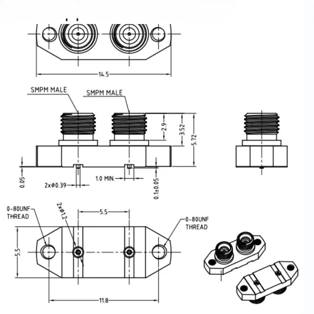 RF 고주파 커넥터 SMPM-T 수 DC-67G 밀리미터파 이포트 2홀 플랜지 PCB 보드 끝 솔더 프리