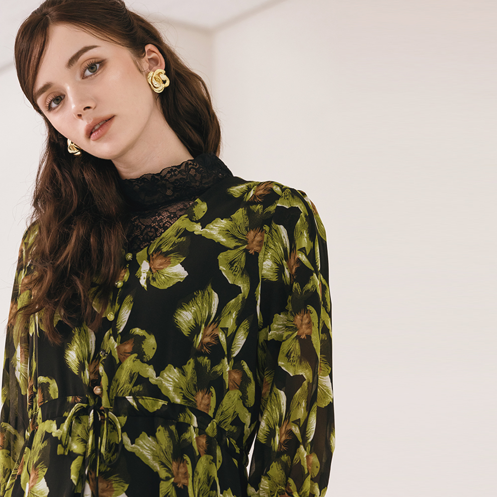 그린 리프 플로럴 브이넥 롱 원피스 - 상세 이미지 2