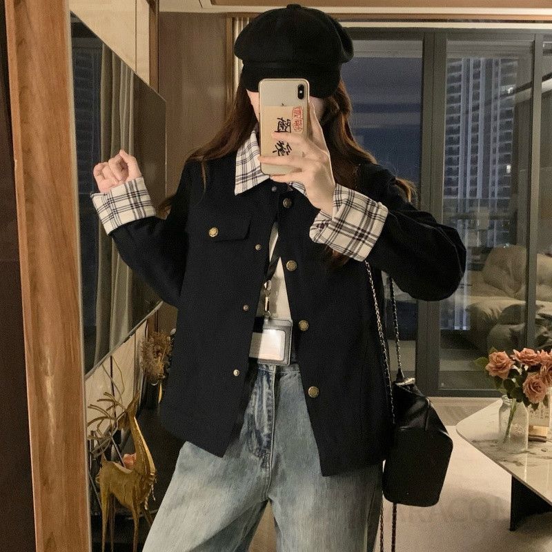 여성 빅사이즈 카라 더블 버튼 자켓 점퍼 숏자켓 오버핏 캐주얼 간절기 아우터 봄 가을 - 상세 이미지 2