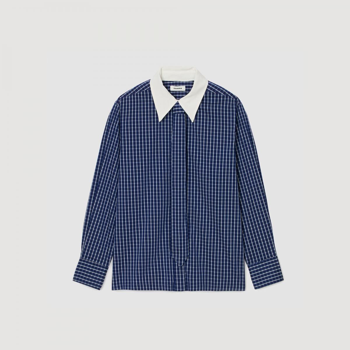 산드로 클래식 체크 긴팔 셔츠 탈부착 넥타이 SFPCM01514_420 BLAU/SCHWARZ - 상품 이미지