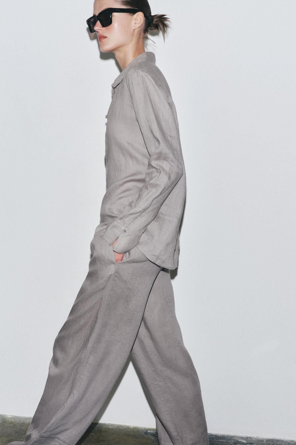 자라 프리미엄 린넨 와이드 팬츠 미드라이즈 드로스트링 4786/091 LIGHT GREY - 상세 이미지 4