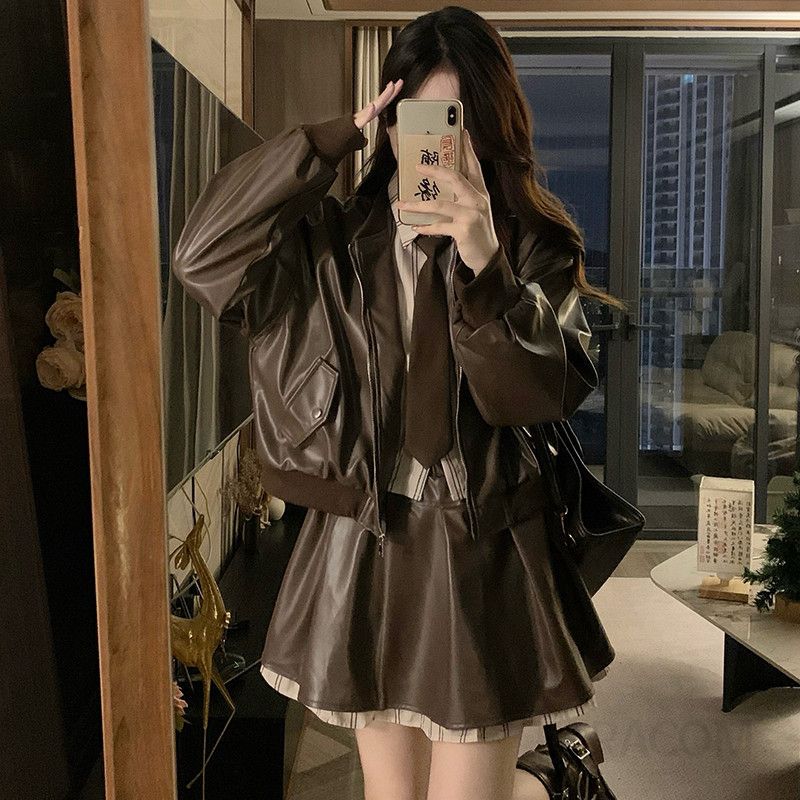 여성 빅사이즈 레더 항공 점퍼 플리츠 미니 스커트 투피스 세트 타이블 코디 오피스룩 봄 가을 - 상세 이미지 2