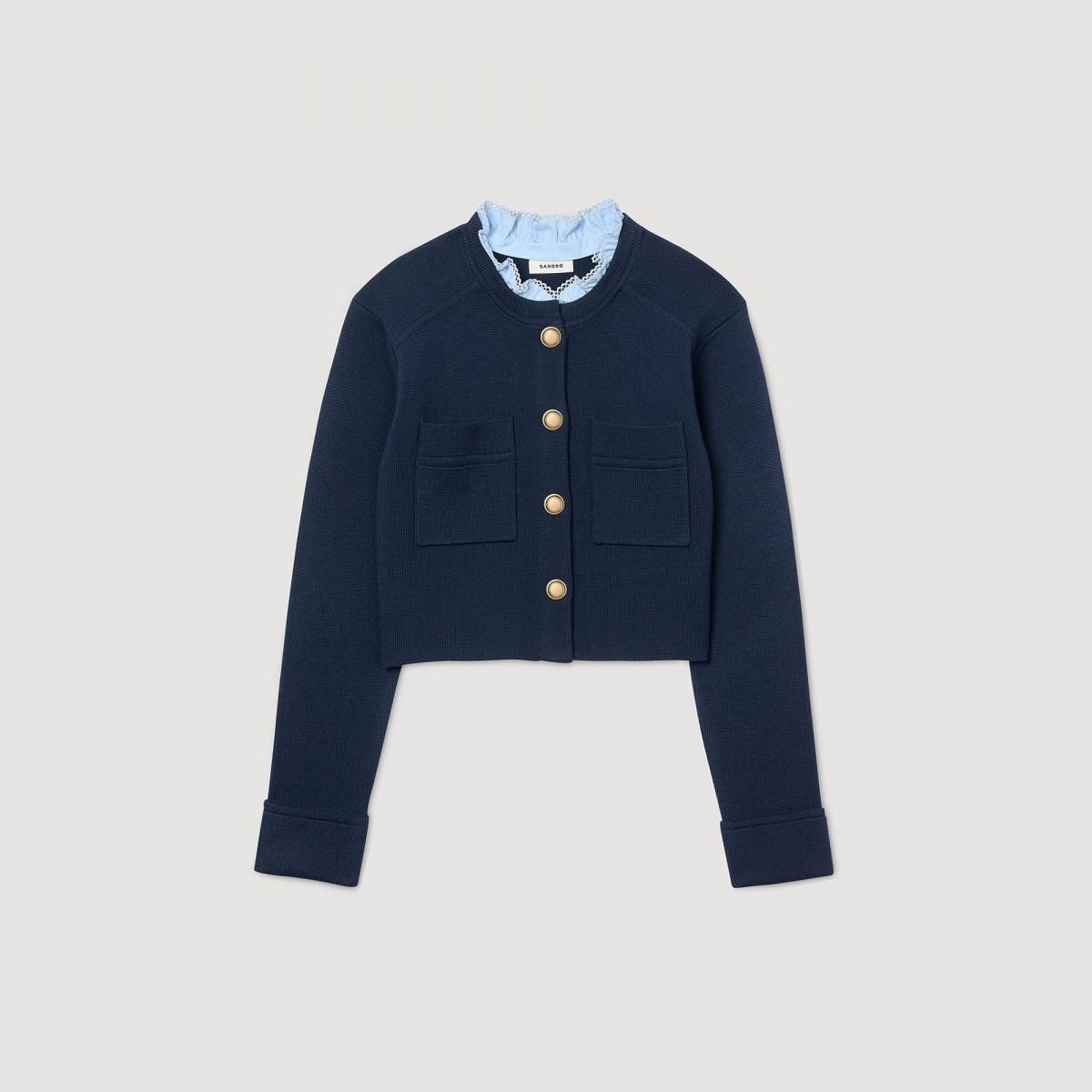 산드로 네이비 라운드넥 니트 크롭 탈착식 칼라 카디건 SFPCA01259_44 MARINE - 메인 이미지