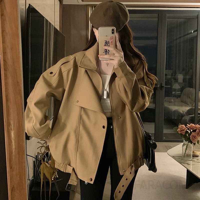 여성 빅사이즈 오버핏 루즈핏 숏 트렌치자켓 점퍼 벨티드 카라 바람막이 간절기 아우터 데일리룩 봄 가을 코디 - 상세 이미지 2