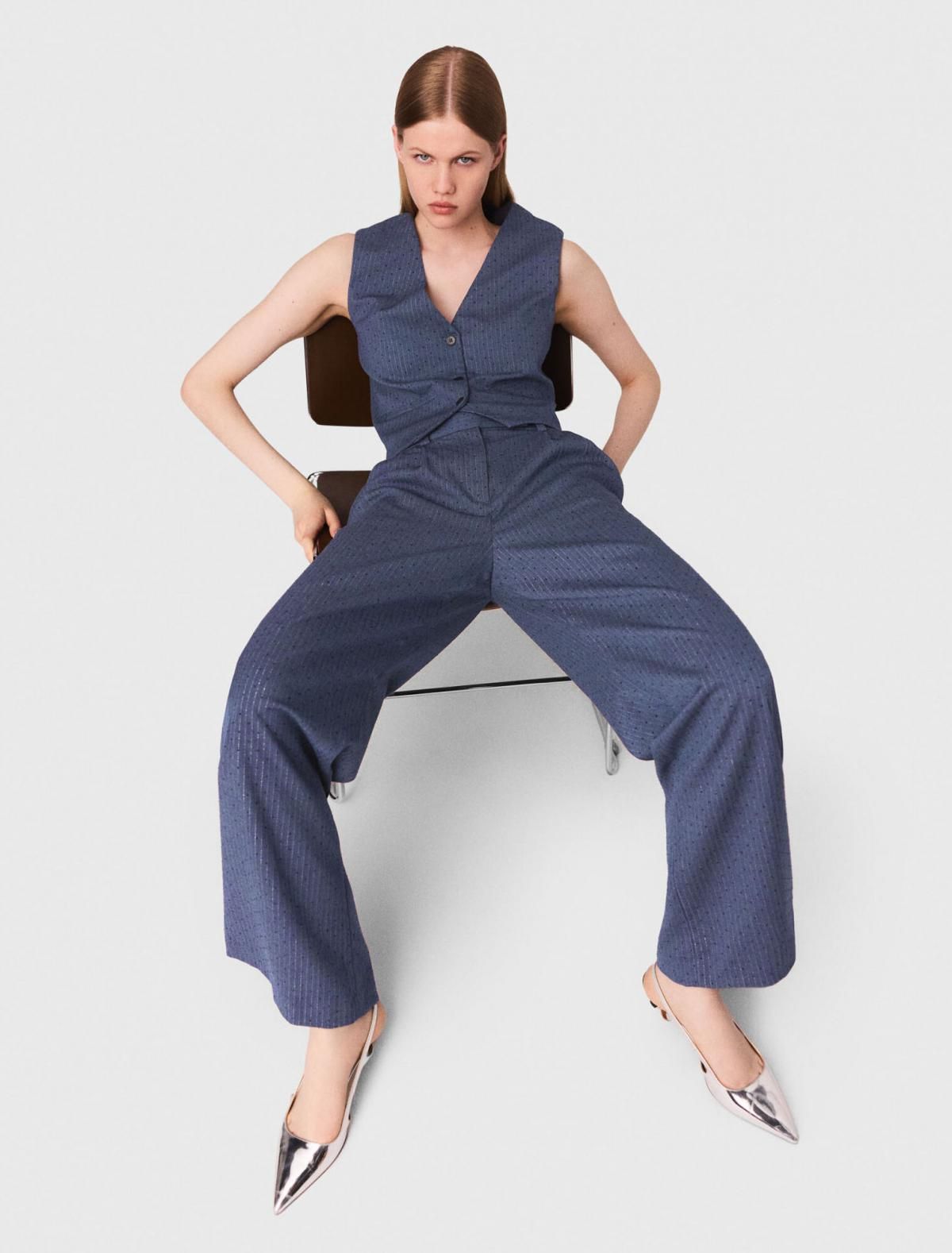 마쥬 스트라스 포인트 테일러드 와이드 슬랙스 팬츠 3661601969621 BLAU - 상세 이미지 5