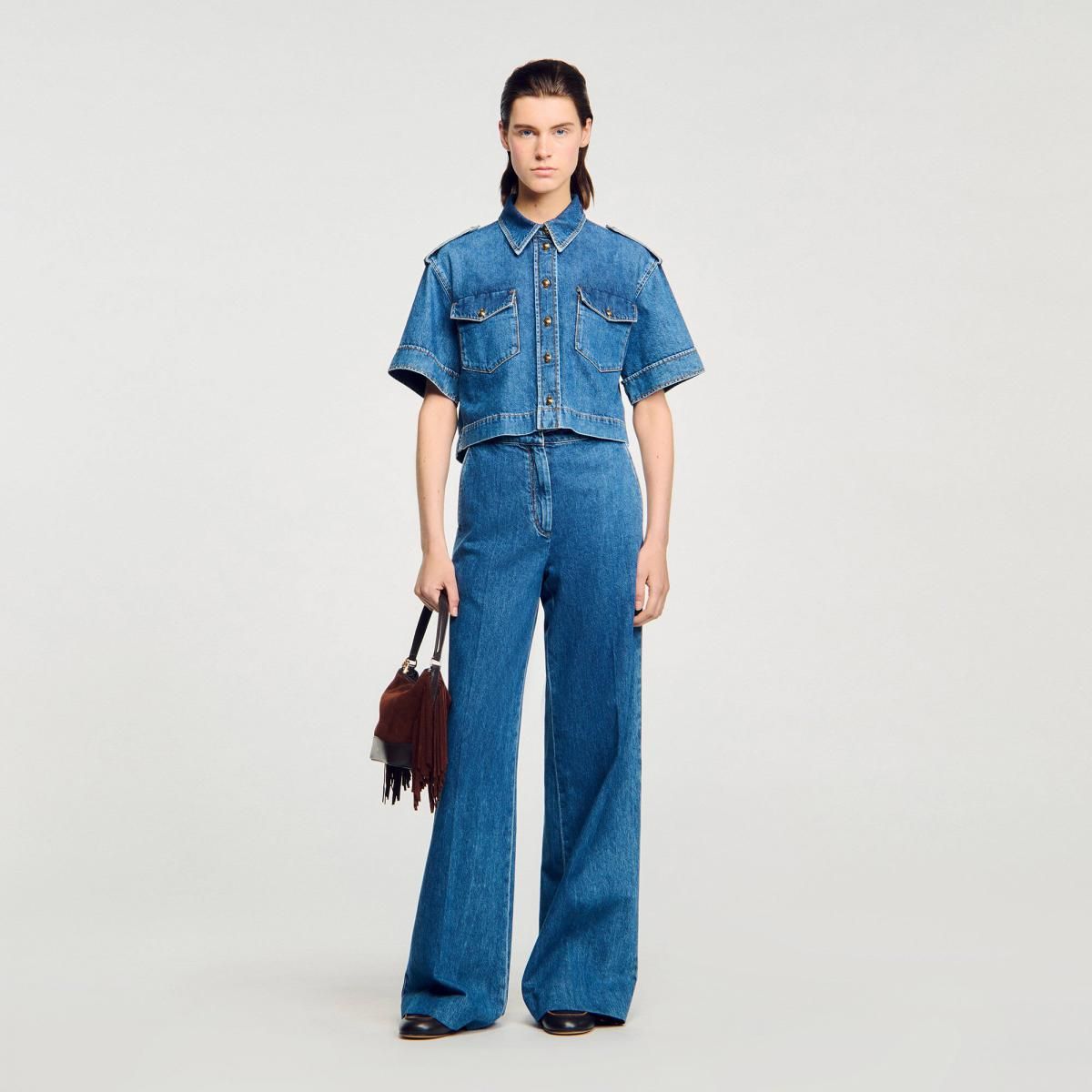 산드로 크롭 데님 반팔 셔츠 SFPCM01442_4785 JEANSBLAU - 상세 이미지 2