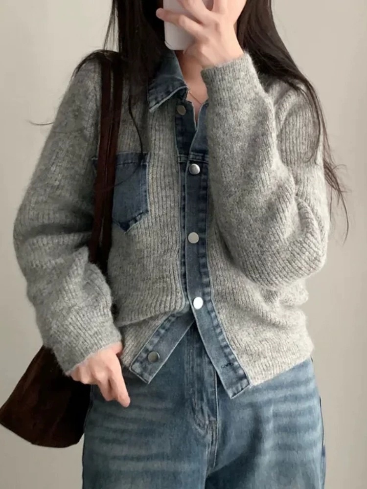 청카라 배색 골지니트가디건 가을겨울 여성데일리 꾸안꾸룩 간절기청포켓니트자켓 이미지 7