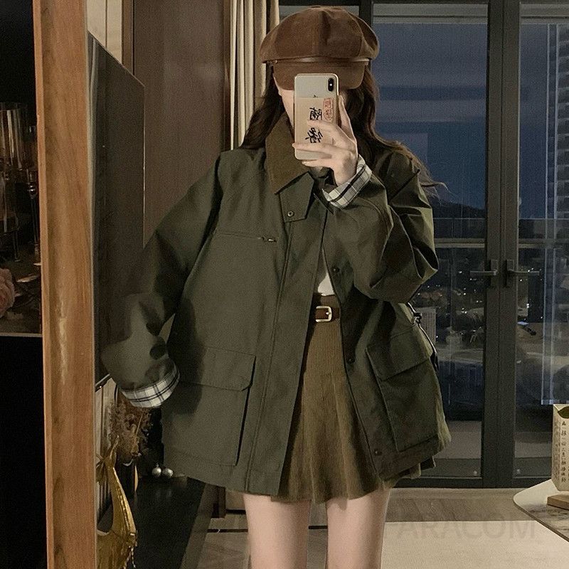 여성 빅사이즈 오버핏 플랩포켓 배색카라 체크소매 간절기 데일리 캐주얼 툭 걸치기 좋은 루즈핏 야상 자켓 점퍼 아우터 봄 가을 - 상세 이미지 3