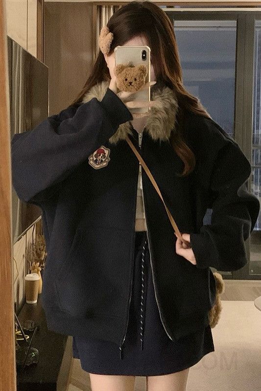 여성 빅사이즈 루즈핏 곰돌이 귀 털 후드집업 기모 후리스 안감 캐주얼 따뜻한 겨울 자켓 아우터 - 상세 이미지 5