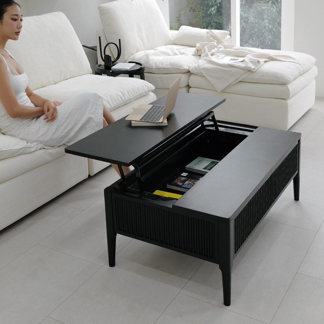 자야캠핑 포르보 직사각 원목 블랙 서랍형 리프트업 거실 소파 테이블