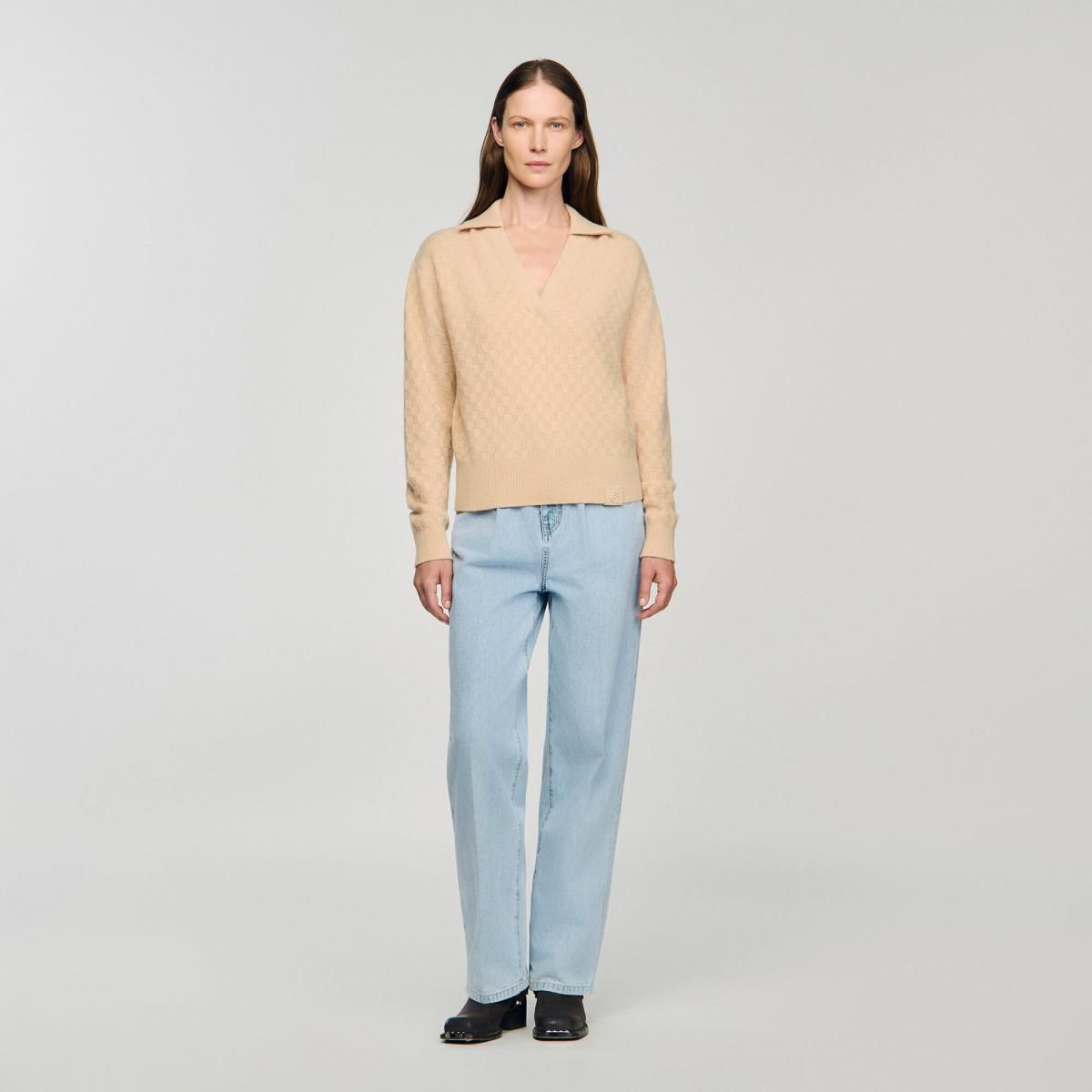 산드로 베이직 브이넥 폴로카라 니트 스웨터 아이보리 SFPPU02690_16 BEIGE - 상세 이미지 3