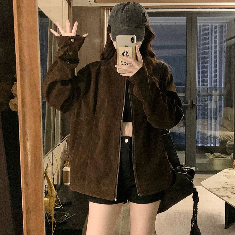 여성 빅사이즈 스웨이드 레더 루즈핏 오버핏 스탠드넥 버튼소매 집업 캐주얼 점퍼 자켓 간절기 데일리 아우터 가을 겨울 - 상세 이미지 2