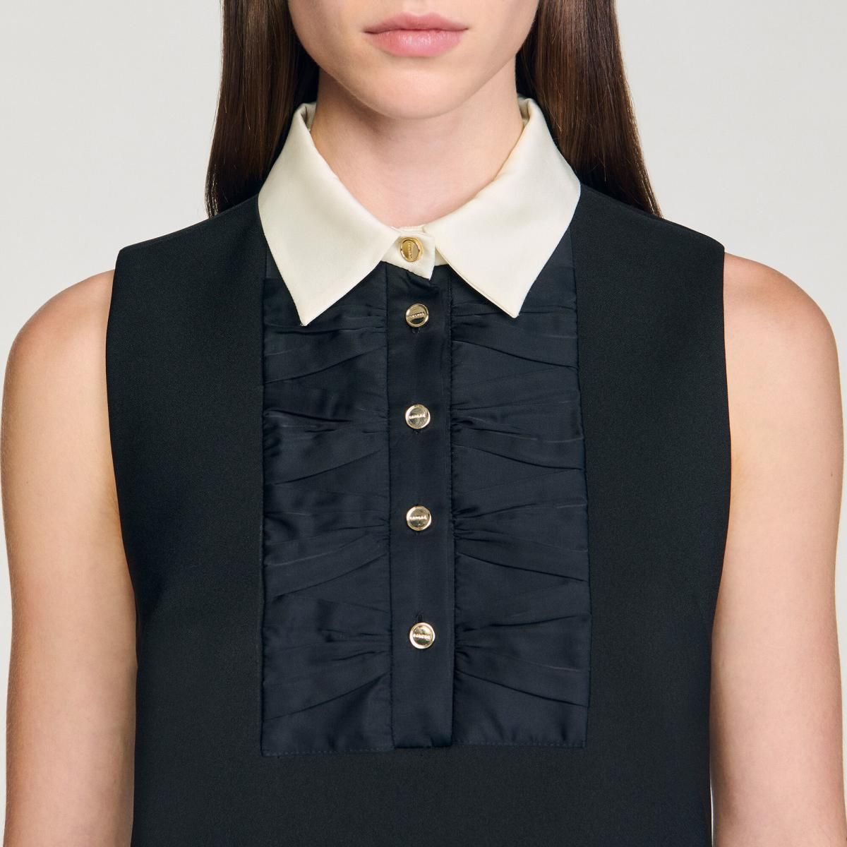 산드로 클래식 배색 카라 미니 원피스 SFPRO04410_20 SCHWARZ - 상세 이미지 5