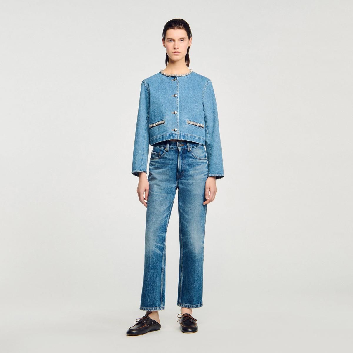 산드로 스트라스 데님 라운드넥 크롭 재킷 SFPBL01187_4785 JEANSBLAU - 상세 이미지 2