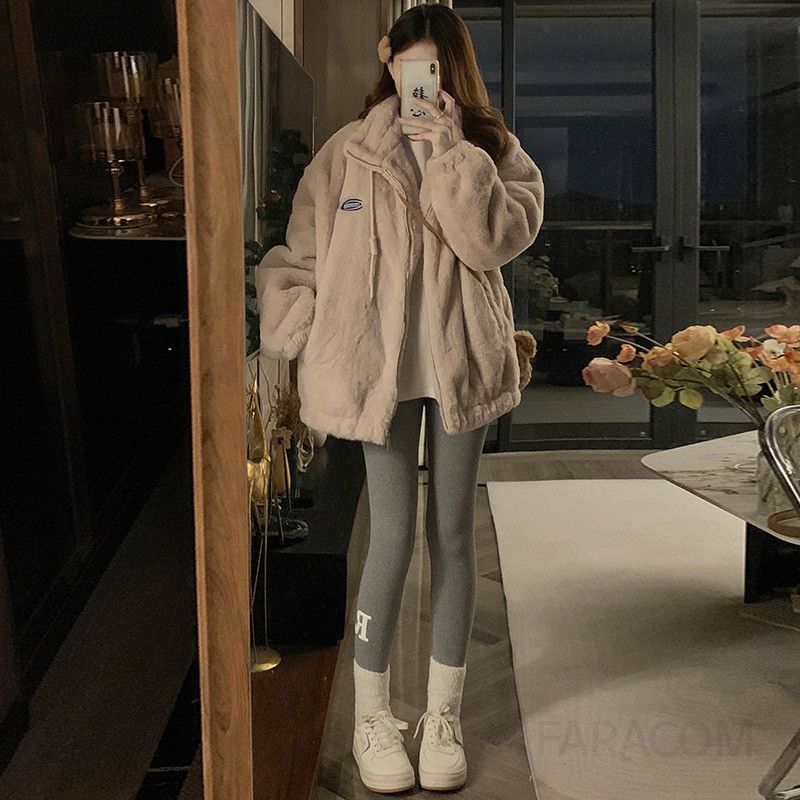 여성 빅사이즈 포근한 뽀글이 양털 덤블 루즈핏 스탠드넥 집업 자켓 점퍼 아우터 겨울 - 상세 이미지 4