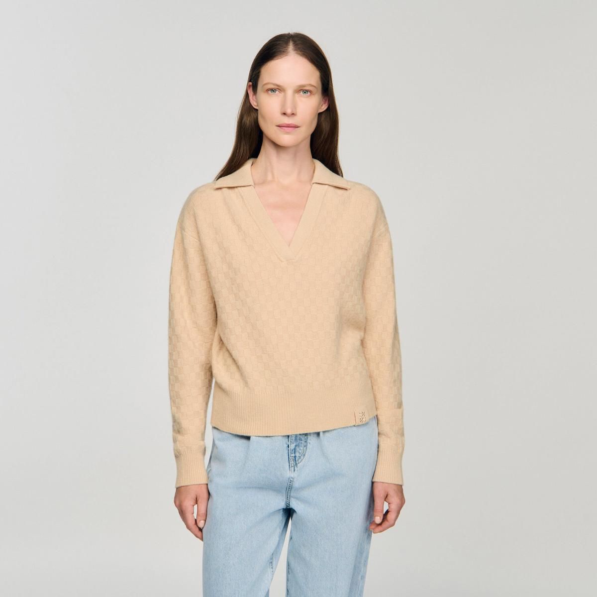 산드로 베이직 브이넥 폴로카라 니트 스웨터 아이보리 SFPPU02690_16 BEIGE - 상세 이미지 5