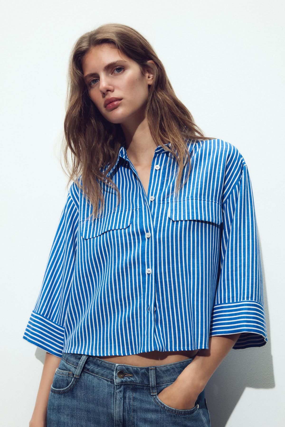 자라 스트라이프 린넨 블렌드 셔츠 2224/666 BLUE/WHITE - 상세 이미지 4