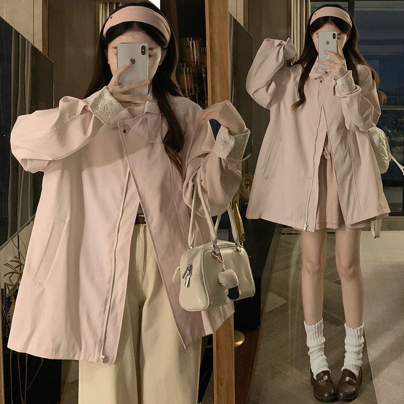 여성 빅사이즈 카라넥 레이스 소매 포켓 중기장 오버핏 트렌치 코트 자켓 점퍼 바람막이 아우터 봄 가을 - 상품 이미지