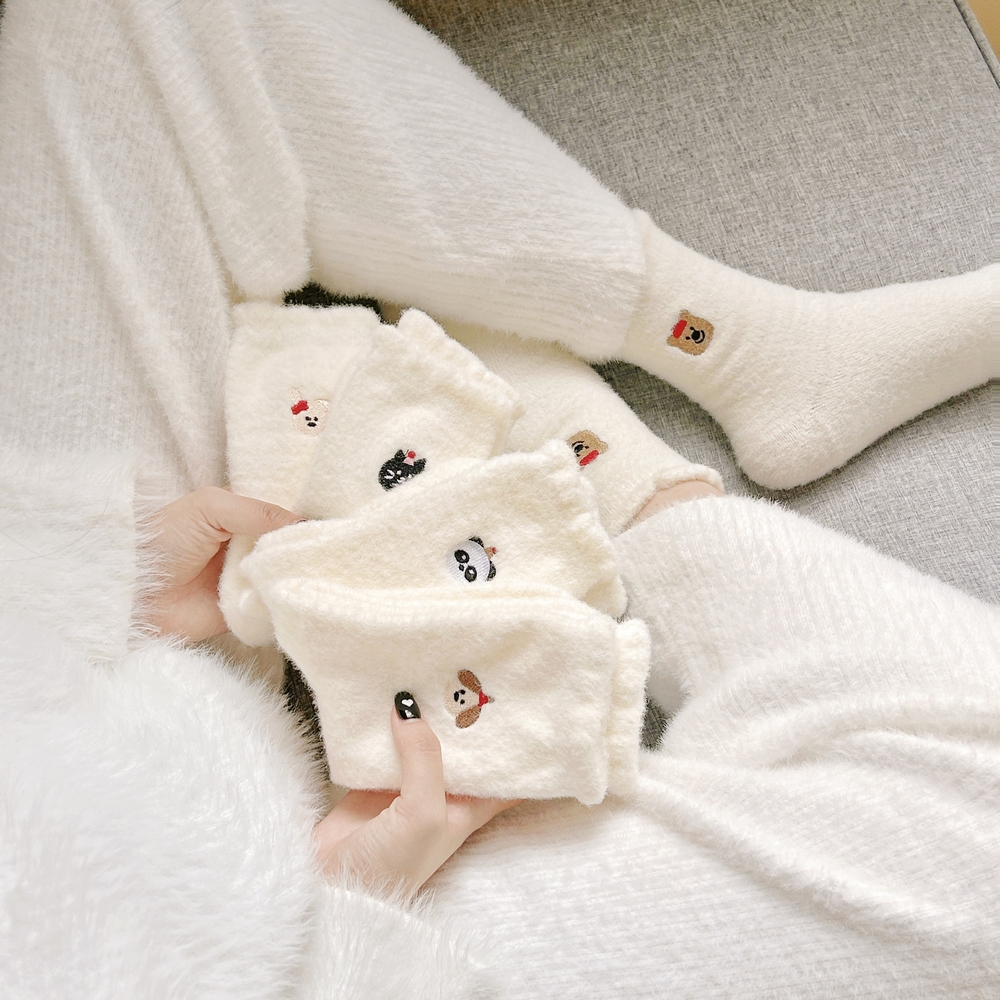두꺼운 기모 여자 수면양말 화이트 5켤레 동물펀칭