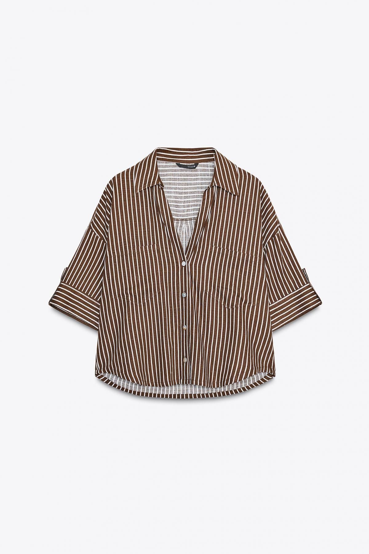 자라 스트라이프 린넨 크롭 반팔 셔츠 2187/813 BROWN / ECRU - 상품 이미지
