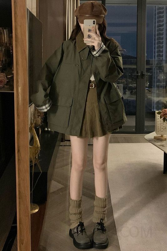 여성 빅사이즈 오버핏 플랩포켓 배색카라 체크소매 간절기 데일리 캐주얼 툭 걸치기 좋은 루즈핏 야상 자켓 점퍼 아우터 봄 가을 - 상세 이미지 5