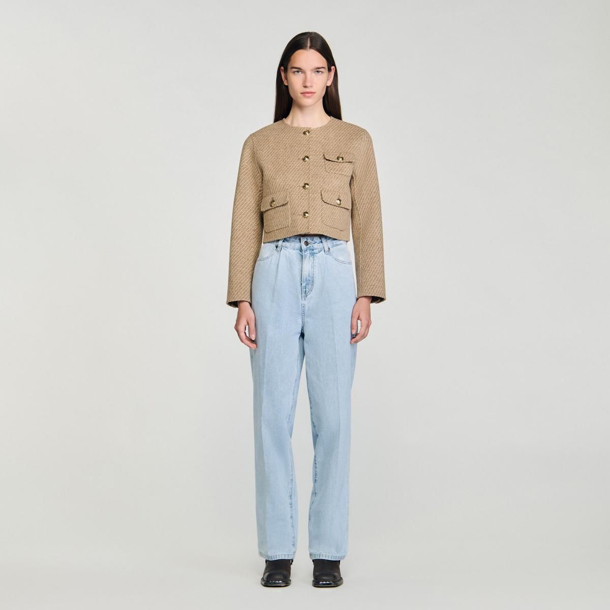 산드로 트위드 크롭 라운드넥 버튼 재킷 SFPVE01067_16 BEIGE - 상세 이미지 4