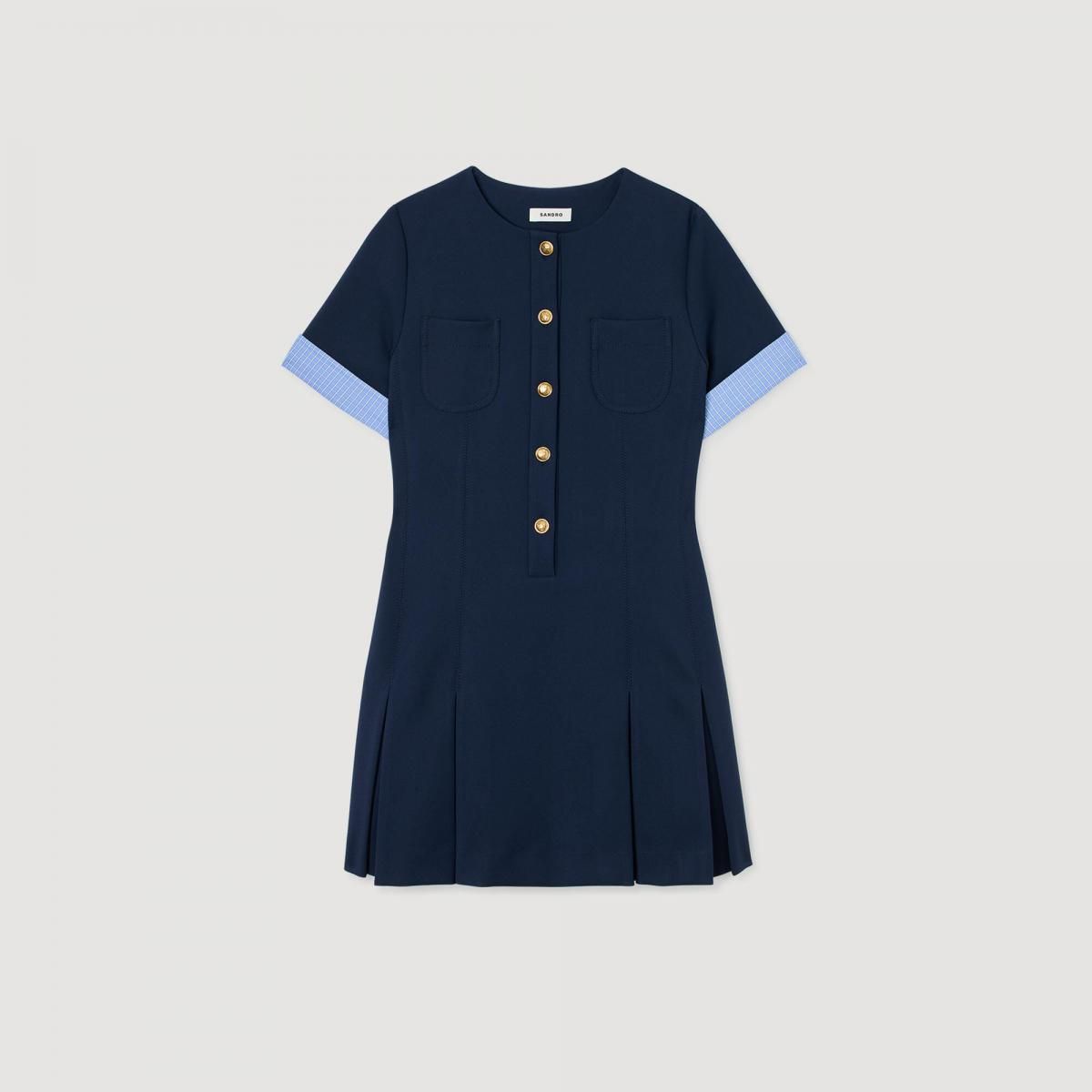 산드로 테크니컬 플리츠 체크 미니 원피스 라운드넥 버튼 반팔 SFPRO04414_44 MARINE - 상품 이미지