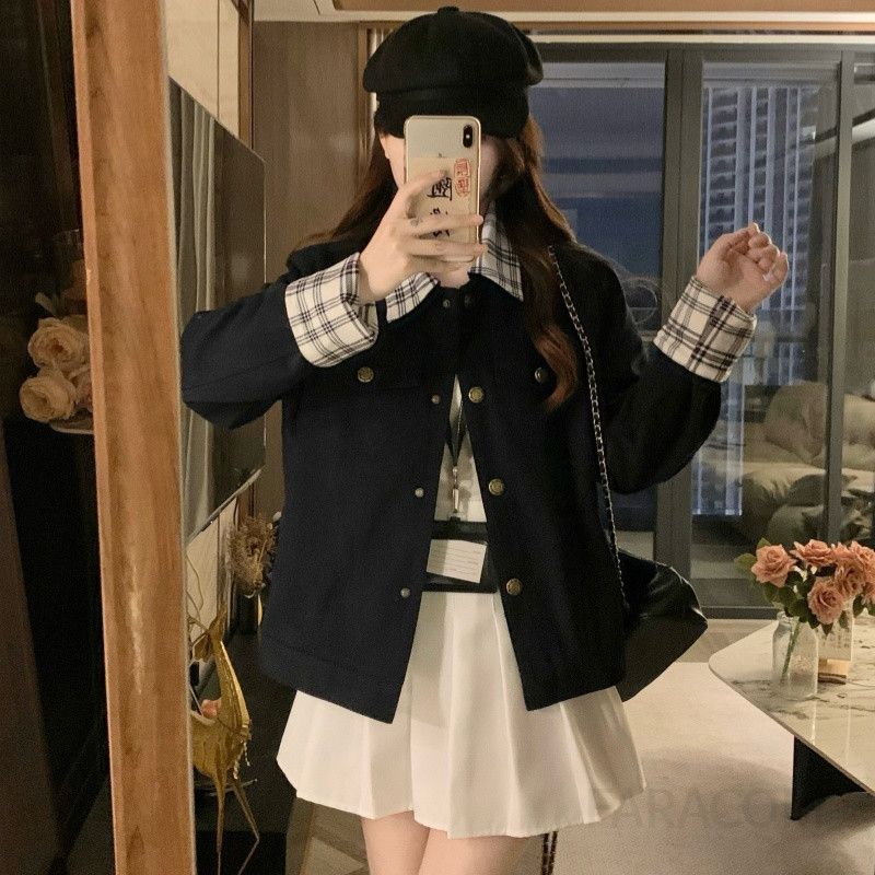 여성 빅사이즈 카라 더블 버튼 자켓 점퍼 숏자켓 오버핏 캐주얼 간절기 아우터 봄 가을 - 상세 이미지 3