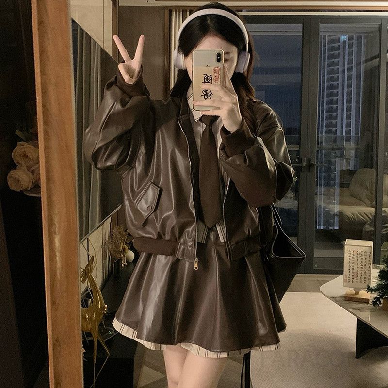 여성 빅사이즈 레더 항공 점퍼 플리츠 미니 스커트 투피스 세트 타이블 코디 오피스룩 봄 가을 - 상세 이미지 3