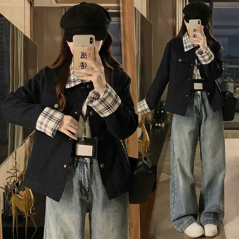 여성 빅사이즈 카라 더블 버튼 자켓 점퍼 숏자켓 오버핏 캐주얼 간절기 아우터 봄 가을 - 메인 이미지