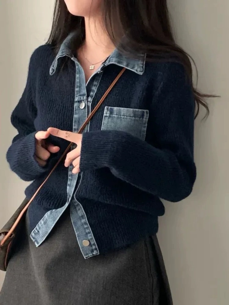 청카라 배색 골지니트가디건 가을겨울 여성데일리 꾸안꾸룩 간절기청포켓니트자켓 이미지 6