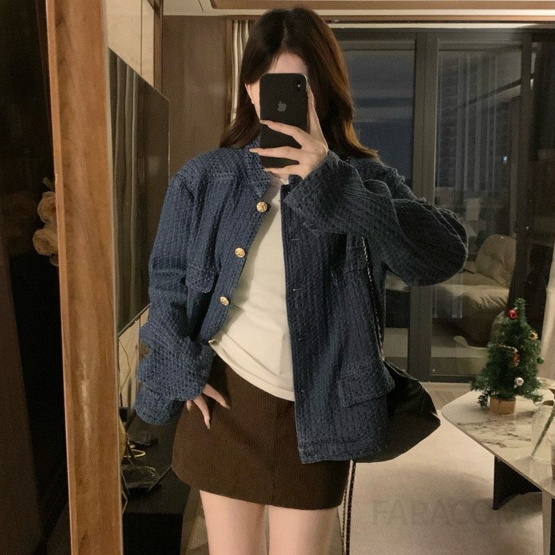 여성 빅사이즈 노카라 데님 텍스처 자켓 오버핏 루즈핏 가을 아우터 간절기 캐주얼 데일리 캠퍼스룩 블루종 점퍼 - 상세 이미지 4