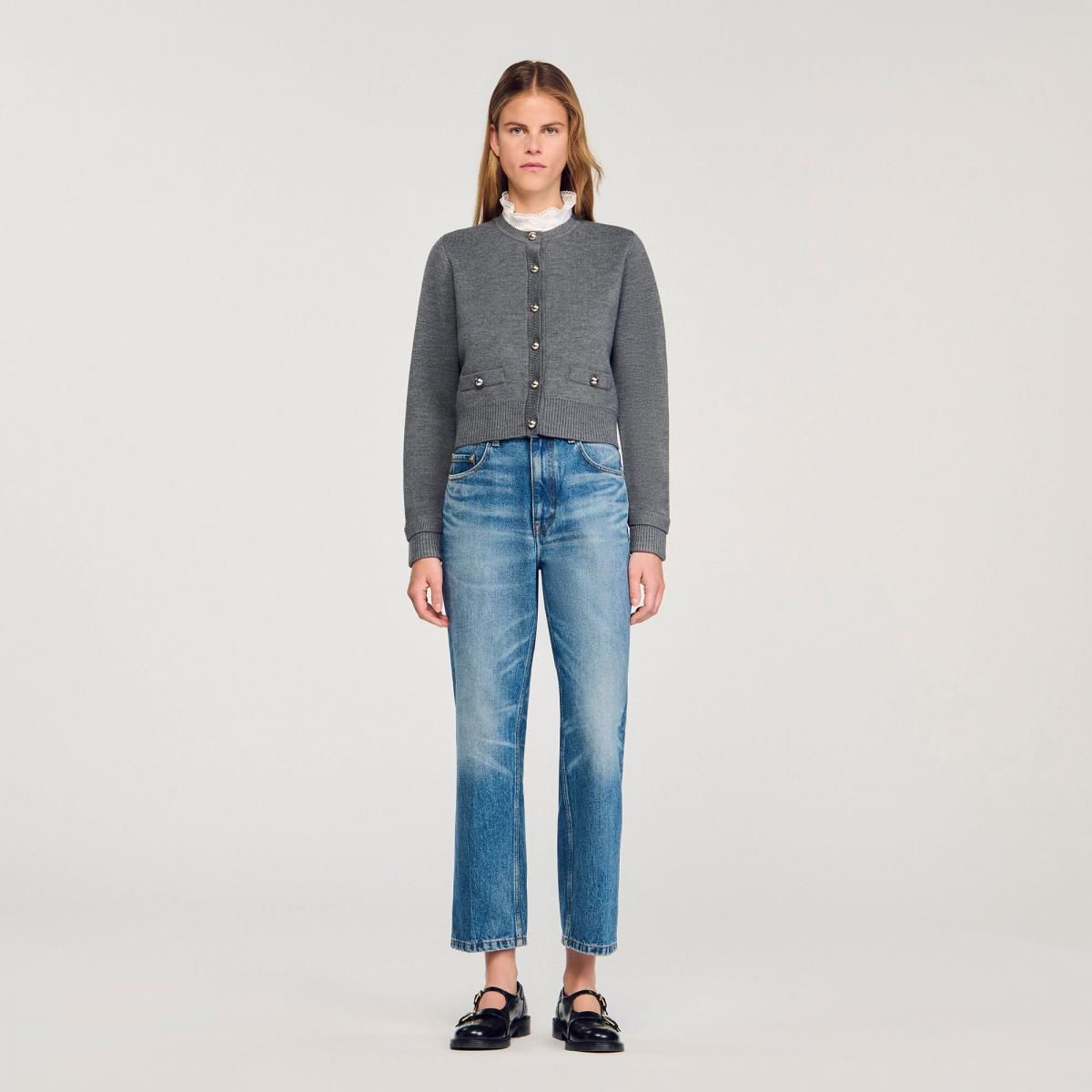 산드로 클래식 배색카라 탈부착 라운드넥 니트 카디건 SFPCA01272_24 GRAU - 상세 이미지 3