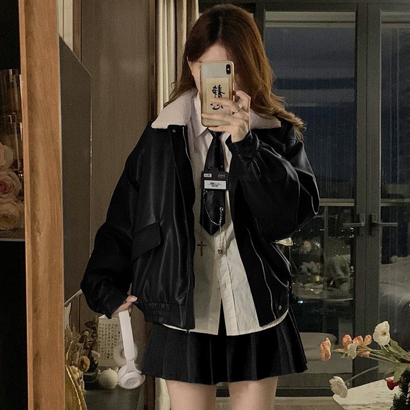 여성 빅사이즈 오버핏 항공점퍼 PU 레더 자켓 양털 안감 가죽 점퍼 가을 겨울 아우터 - 상세 이미지 3