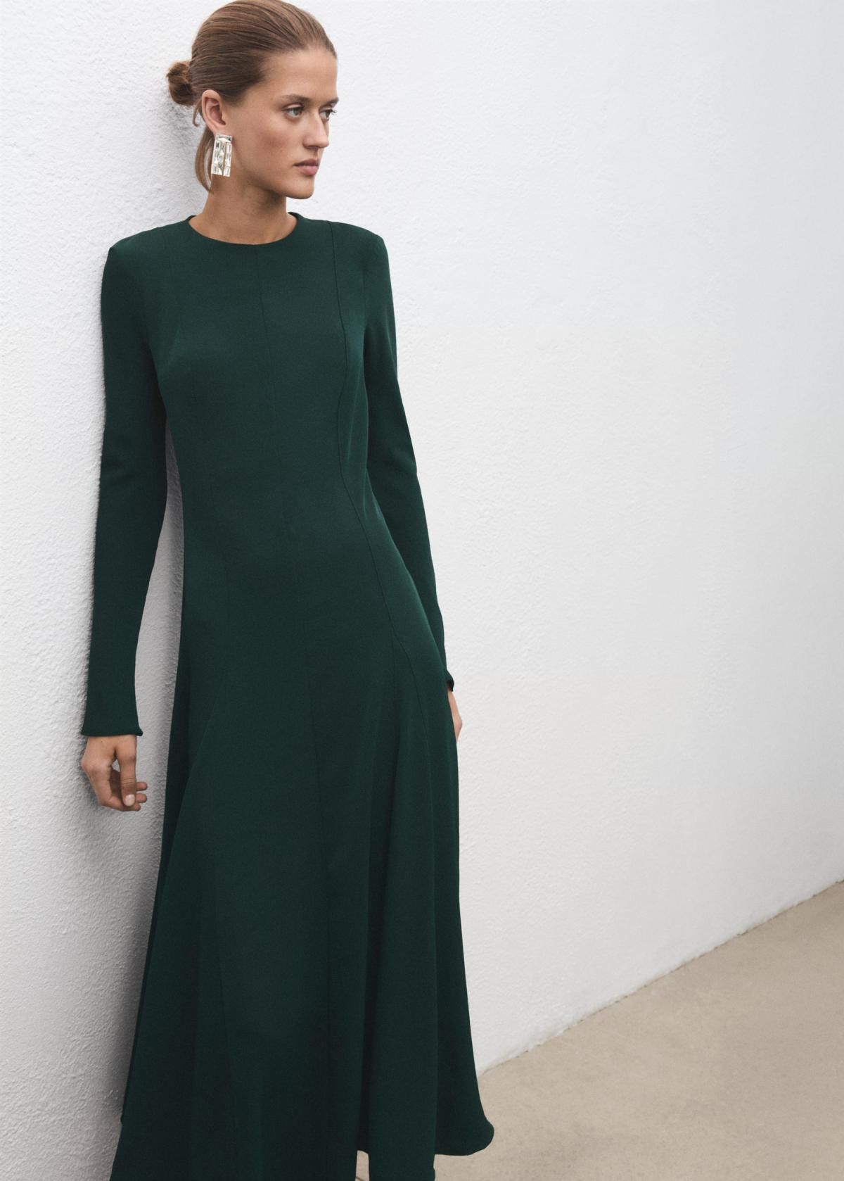 망고 고데트 플레어 긴팔 미디 원피스 라운드넥 17029119 VERDE - 상세 이미지 2