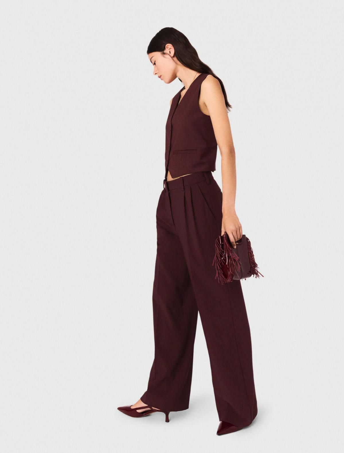 마쥬 버건디 하이웨이스트 와이드 테일러드 슬랙스 팬츠 3661601978869 BORDEAUX - 상세 이미지 3