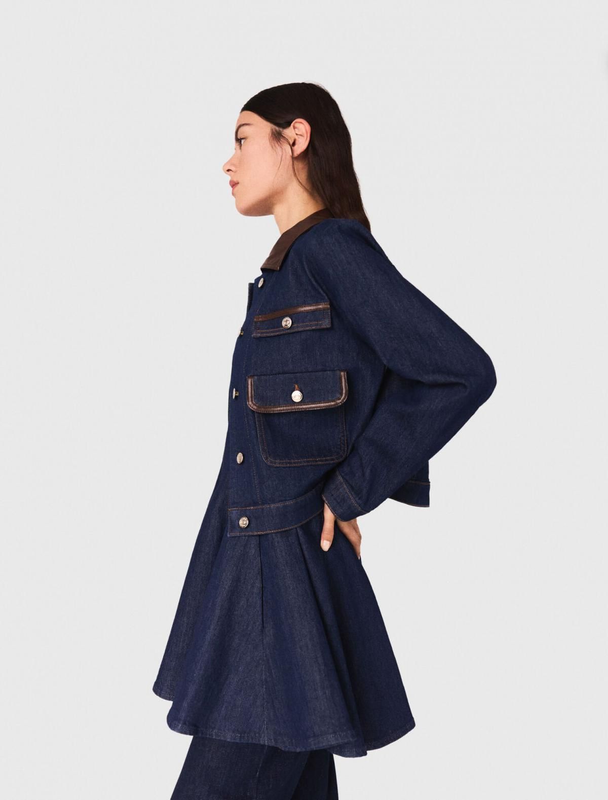 마쥬 배색 칼라 데님 크롭 재킷 인조 가죽 3661601968952 MARINE - 상세 이미지 3