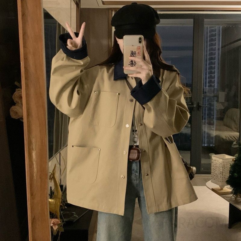 여성 빅사이즈 간절기 루즈핏 오버핏 베이직 카라 자켓 점퍼 아우터 하객룩 오피스룩 데일리 봄 가을 코트 - 상세 이미지 2