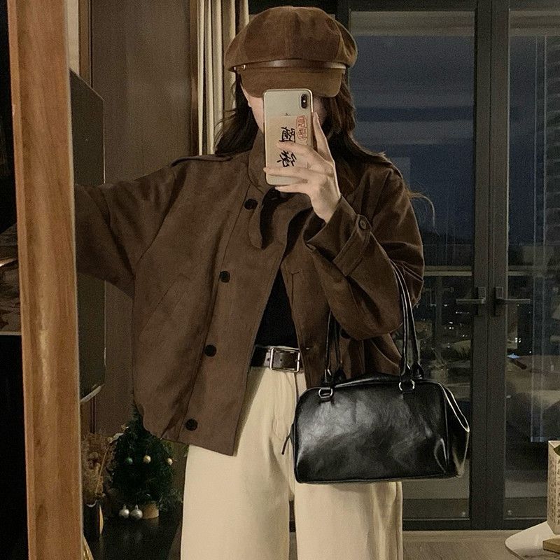여성 루즈핏 부드러운 카라 크롭 숏 자켓 버튼업 점퍼 빅사이즈 간절기 아우터 데일리룩 하객룩 오피스룩 봄 가을 - 상세 이미지 3